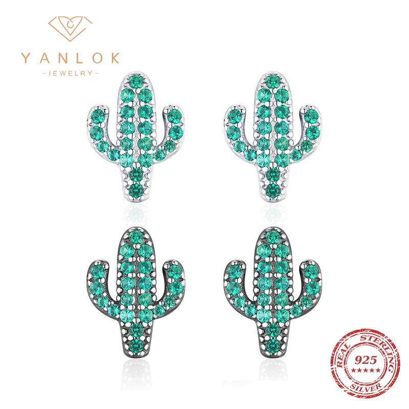 YANLOK Genuine 925 Sterling Silver Green Cactus Plant Fashion Stud Earrings for Women Black Gold Plated Jewelry