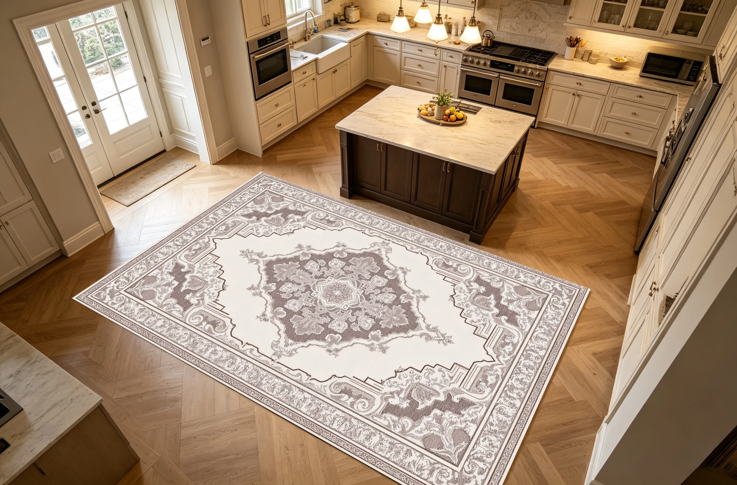 Vintage Grey-Tone European Medallion Area Rug, Exquisite Ornate Border, Cozy Autumn Winter Floor Mat for Living Room Villa Home Decor
