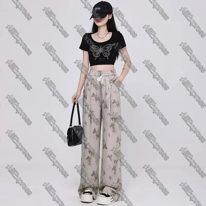 Women's Fashion Water-Media Butterfly Print Loose Wide Leg Casual Pants Spring Summer Trendy Street Style Sweatpants