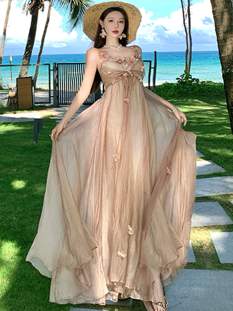 ภาษาฝรั่งเศสคําอารมณ์หวาน 3D ดอกไม้ Boho ชุดยาวหญิงเซ็กซี่สปาเก็ตตี้ Slim เอววันหยุดชุดบอลชุด