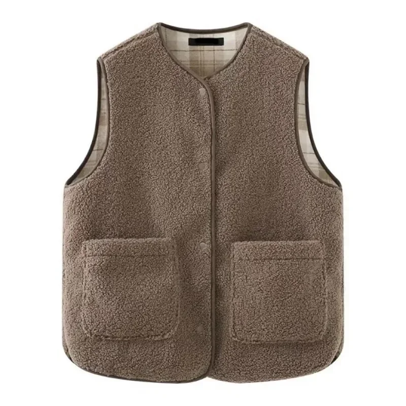 2024 New Spring and Autumn Winter Grid Pattern Two Sided Granular Fleece Vest Fashion Round Neck Clip Imitation Lamb Wool Vest