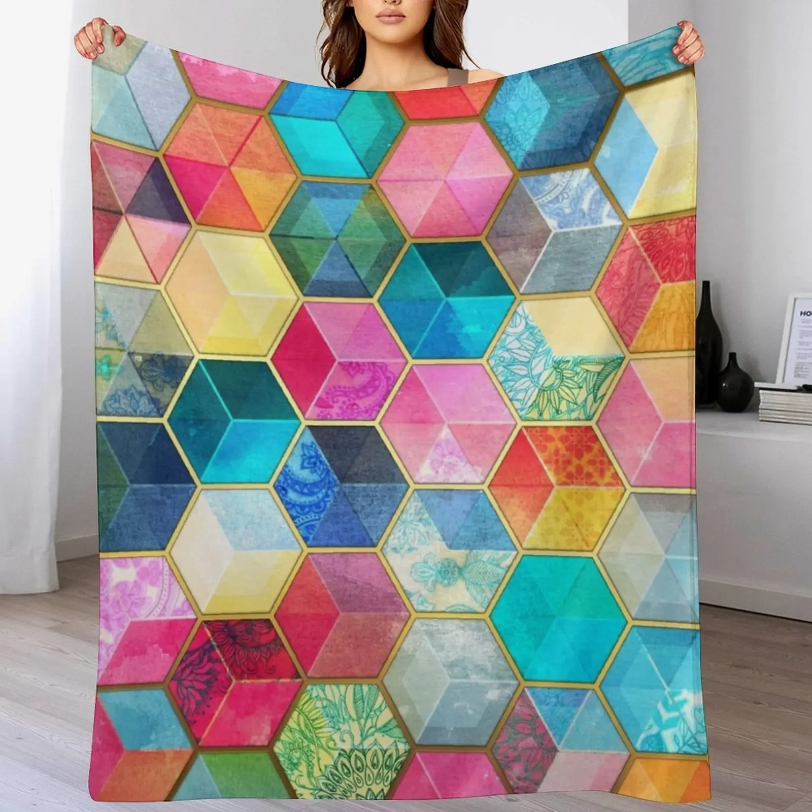 

Crystal Bohemian Honeycomb Cubes - colorful hexagon pattern Throw Blanket Baby Furry Furrys Blankets