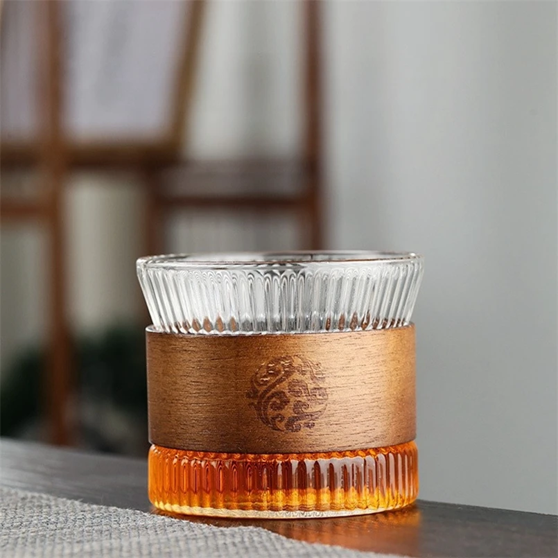 Household Wooden Ring Anti-scalding Vertical Grain Small Tea Cup Japanese-style High Borosilicate Transparent Glass Tea Cup