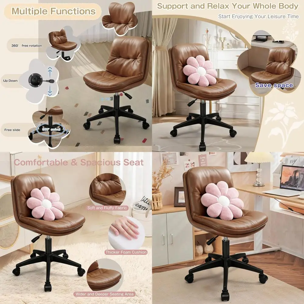 

Компактное офисное кресло из искусственной кожи с поясничной поддержкой, регулируемое по высоте, для небольшого офиса, спальни и туалетного столика - Коричневое