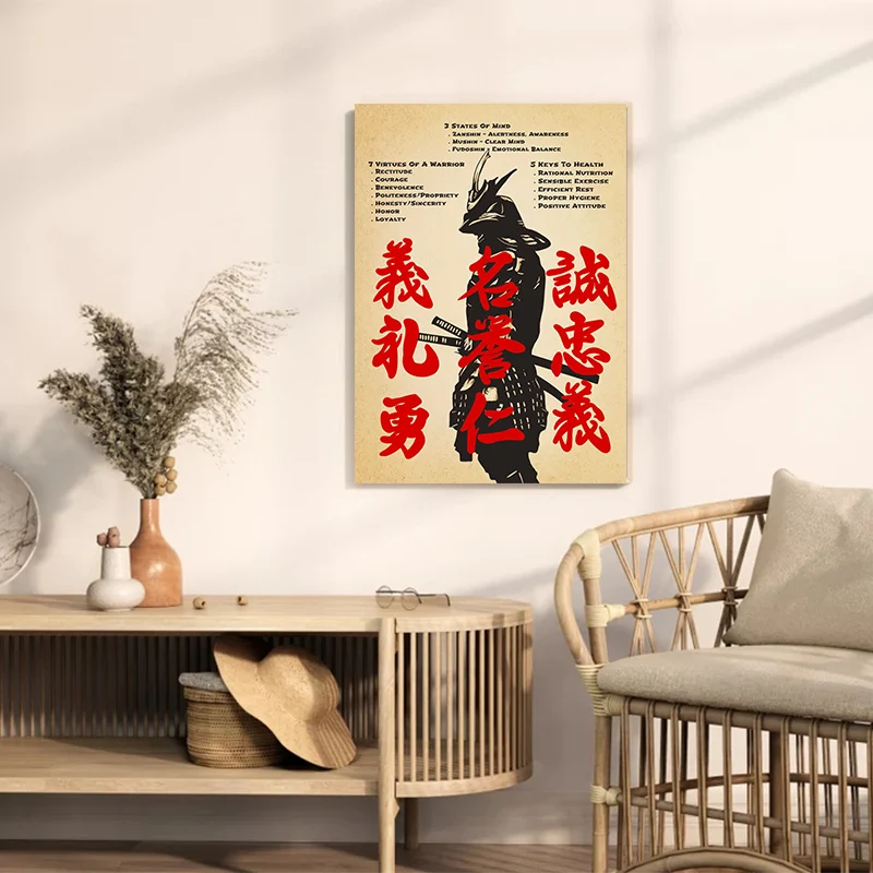 Vintage Samurai Japanese 7 Virtues of Warrior Sword Art Poster Canvas Painting Wall Prints Picture for Living Room Home Decor