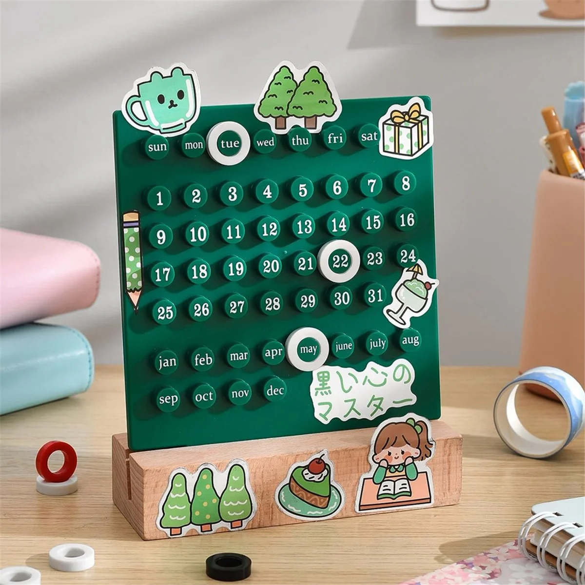 Wooden Desk Calendar Perpetual Calendar Retro Home Unique Gifts,Month Date Display, Desk Decorations for Office, Green