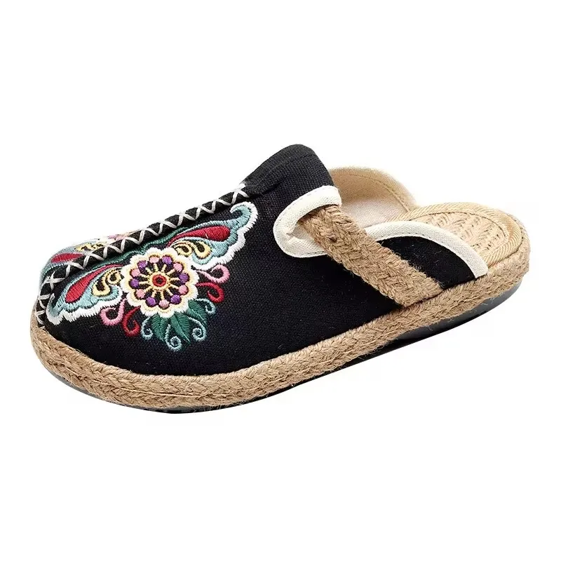 2024 Women\'s Casual Linen Hand Embroidered Mule Flat Shoes, Retro Vegetarian Summer Women\'s Canvas Comfortable Canvas Shoes