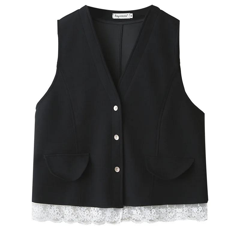 

Женский жилет больших размеров 2026 Весна-Лето, вязаный из скуба-трикотажа, с V-образным вырезом, кружевным подолом, открытый спереди, кардиган без рукавов, топ для пышных дам 1216