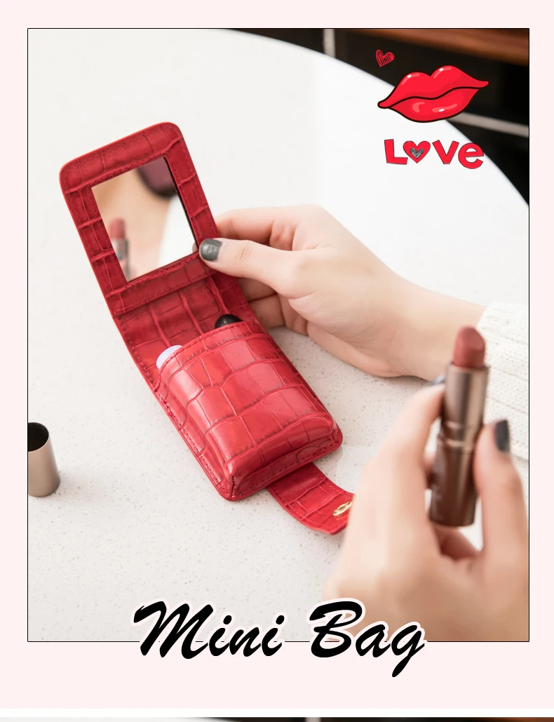 Tragbare Mini-Lippenstift-Tasche mit Spiegel, minimalistische kleine Kosmetiktasche mit Knopf, Damen-Make-up-Aufbewahrungskoffer mit Krokodilprägung – Detail 1