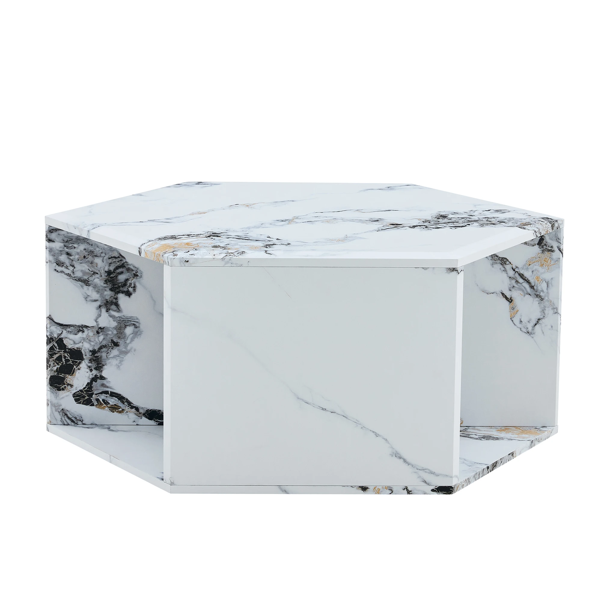 Sześciokątny stolik kawowy z MDF z wieloma otworami i wygodnym schowkiem, odpowiedni do wszystkich stylów i scen.