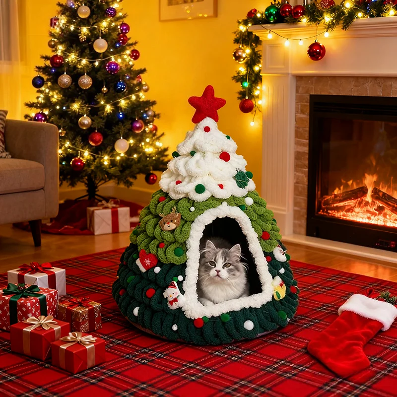 

2026 Christmas Tree Cat Bed Finished Product Semi Enclosed Felt House Winter Warm Pet Nest For Cats Small Dogs Seasonal Decor