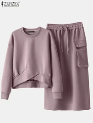 2026 ZANZEA 2PCS Autumn Winter Sweatshirts Dress Sets Women Long Sleeve Hoodies Tops Sundress OL Matching Sets Spring Outfits