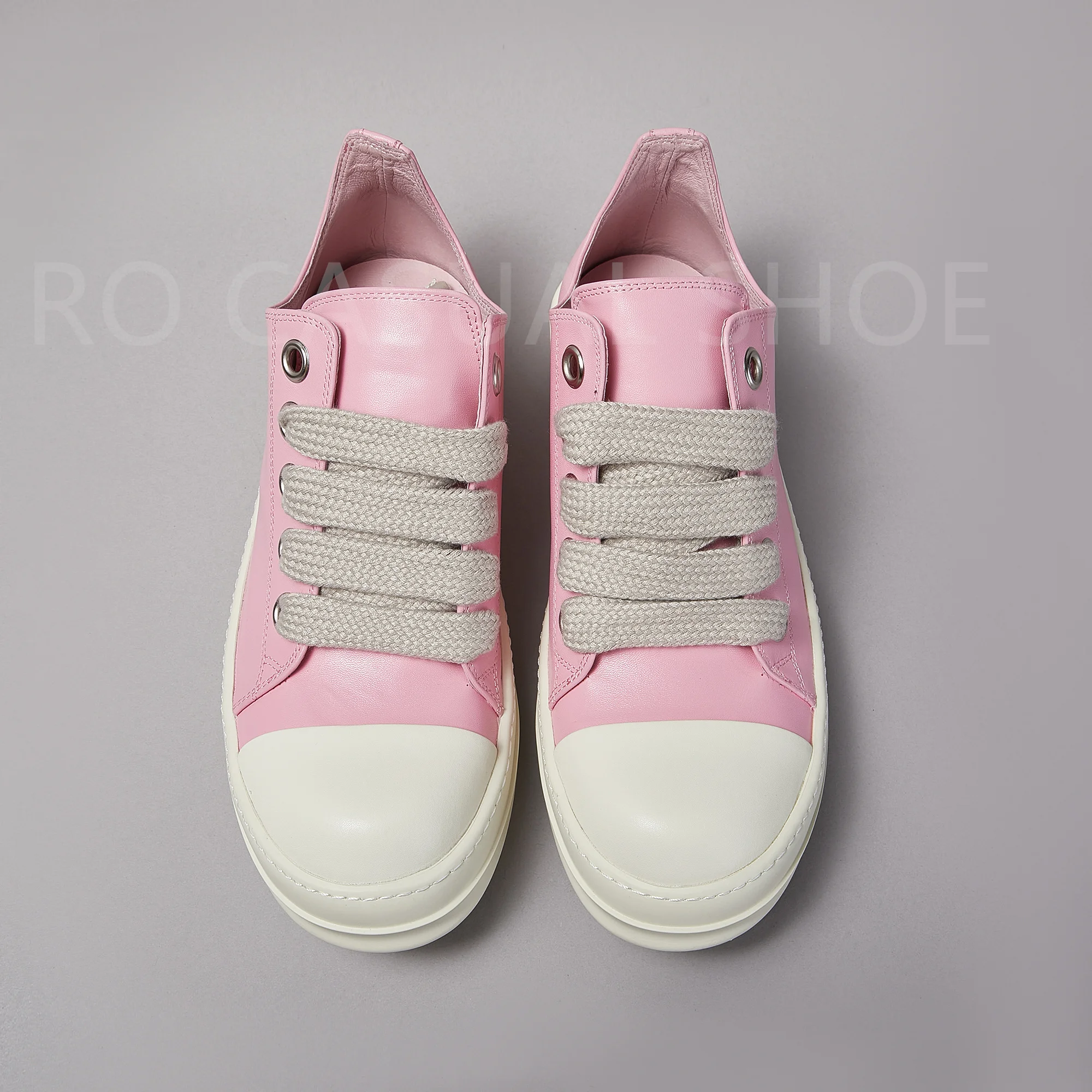 

Ricks Genious Pink Leather Jumbo Lace Low Top Owens Quality Men Shoe Women Sneaker Casual Lace Up Owens Design boots & Shoes