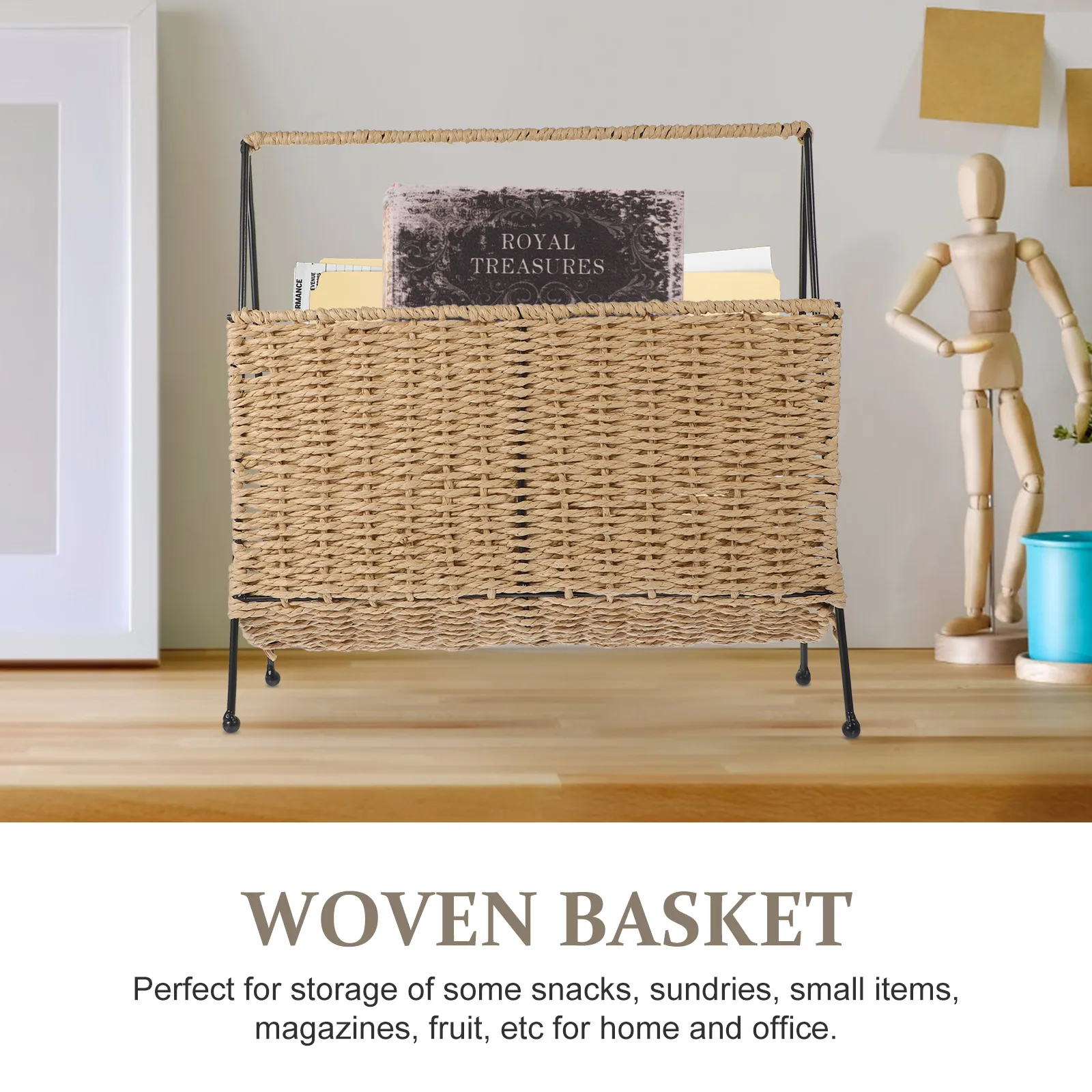 

Magazine Storage Basket Office Rustic Decor Rattan Baskets Wrought Iron Wicker Small Woven with Handle