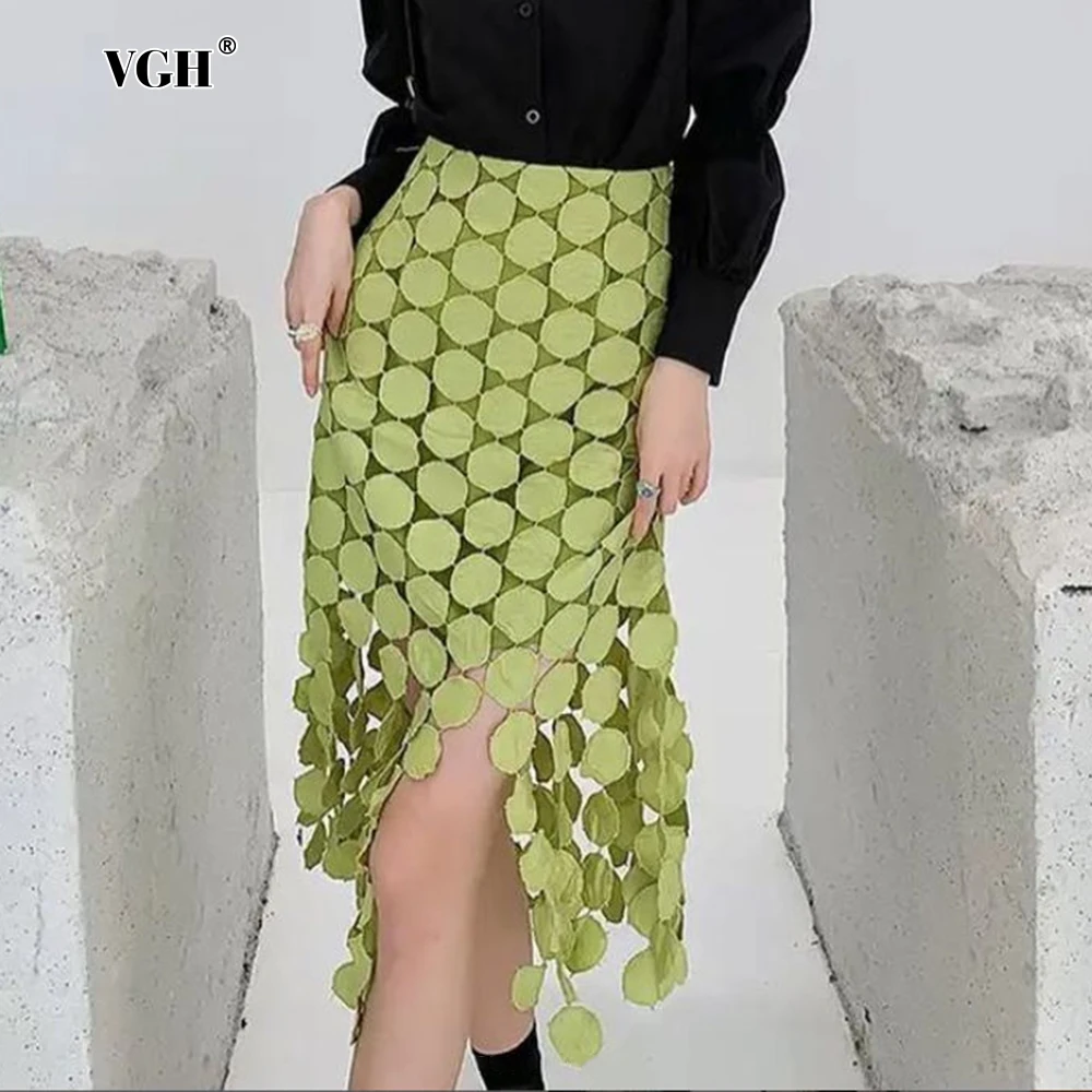 VGH Solid Patchwork Tassels Midi Skirts For Women High Waist Elegant Bodycon Skirt Female 2024 Summer Fashion Clothing New Style