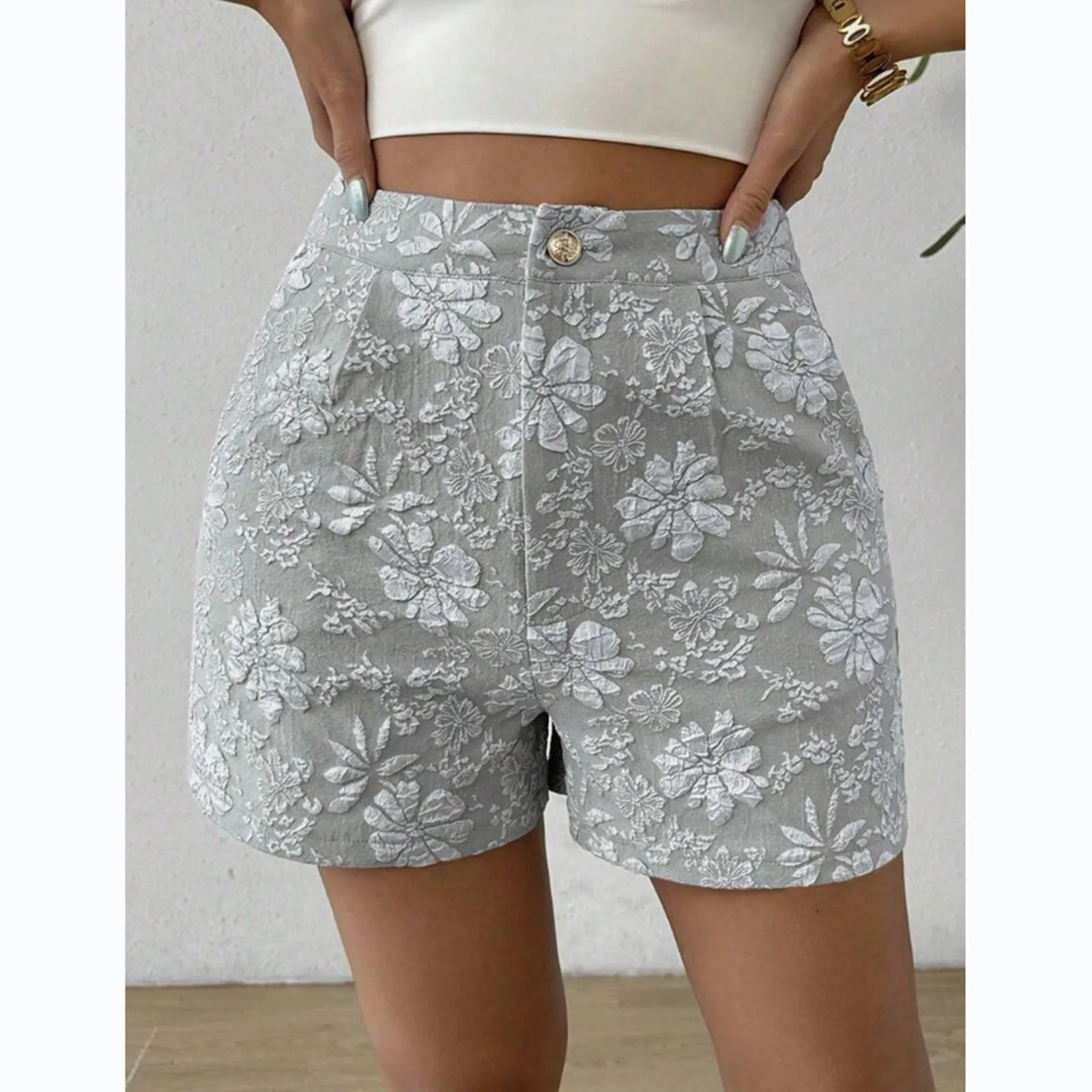 Pantalones cortos ajustados de mezclilla falsa para mujer, pantalones cortos de encaje Jacquard, pantalones de verano rectos que combinan con todo, novedades femeninas