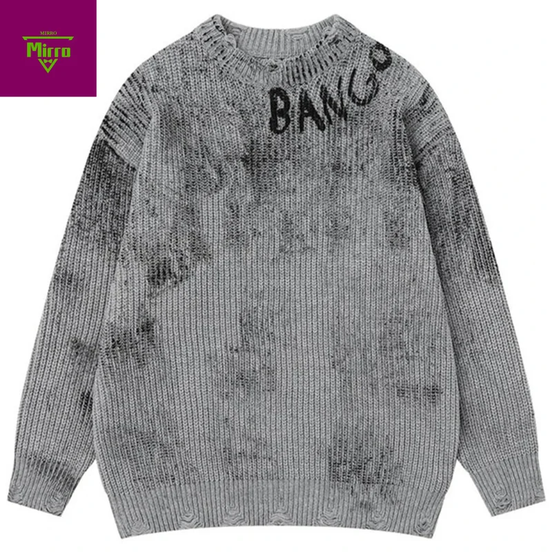 

Винтажные мужские свитера большого размера, вязаные джемперы, уличная одежда, свитера в стиле Харадзюку в стиле хип-хоп Y2K, повседневные свободные свитера, трикотаж