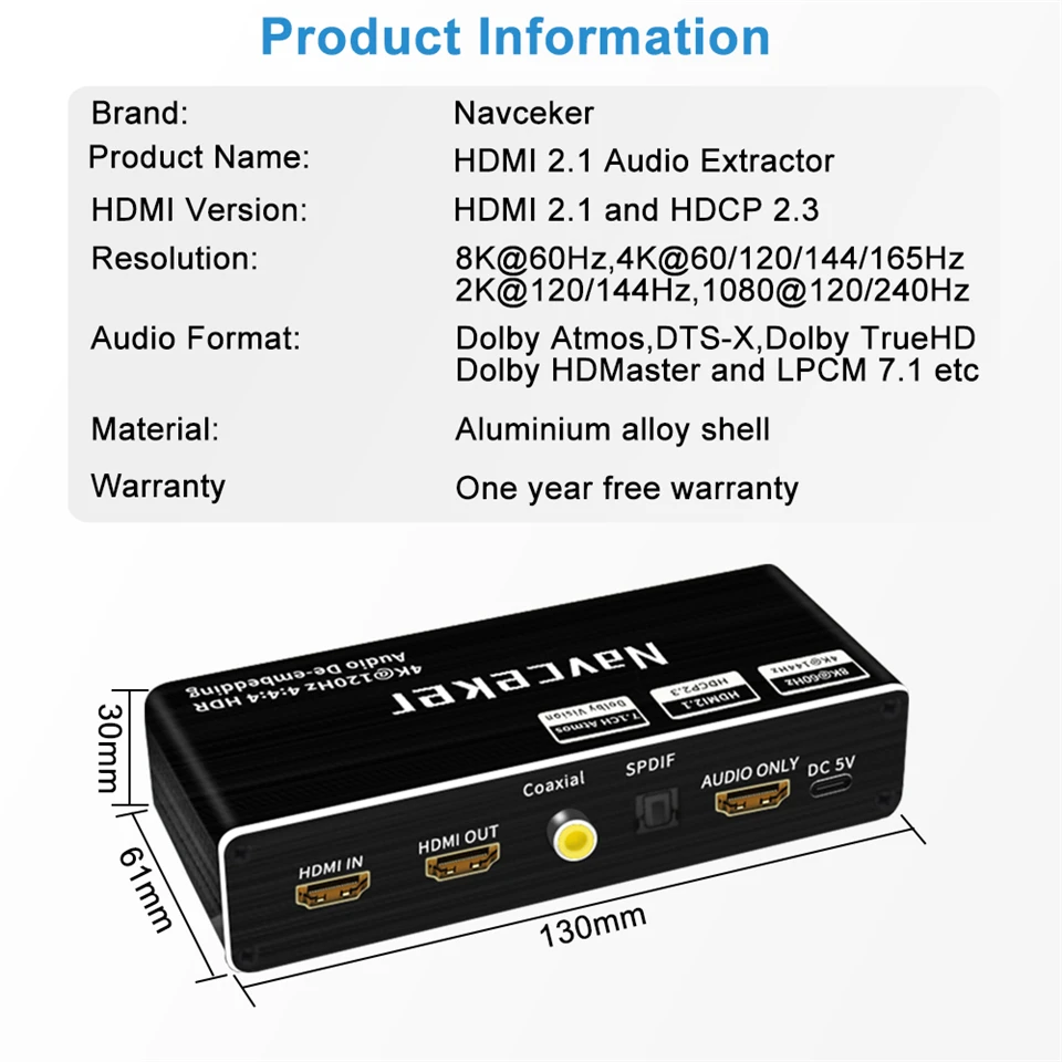 Navceker 8K 60Hz HDMI Audio Extractor 4K 120Hz RGB 4:4 HDMI 2.1 Audio Splitter Converter 7.1 CH Atmos De-embed dla PS5 XBox