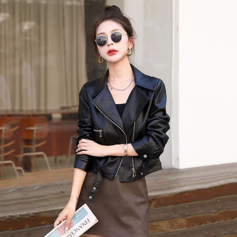 ฤดูใบไม้ผลิ 2025 ผู้หญิง PU หนังแจ็คเก็ตสั้น BIKER Coat Casual แฟชั่น Outerwear