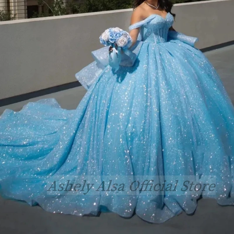 AN27 gaun Prom biru langit kustom 2025 gaun pesta ulang tahun anak perempuan 16th manis berpayet bahu terbuka Vestido 15 Quinceanera