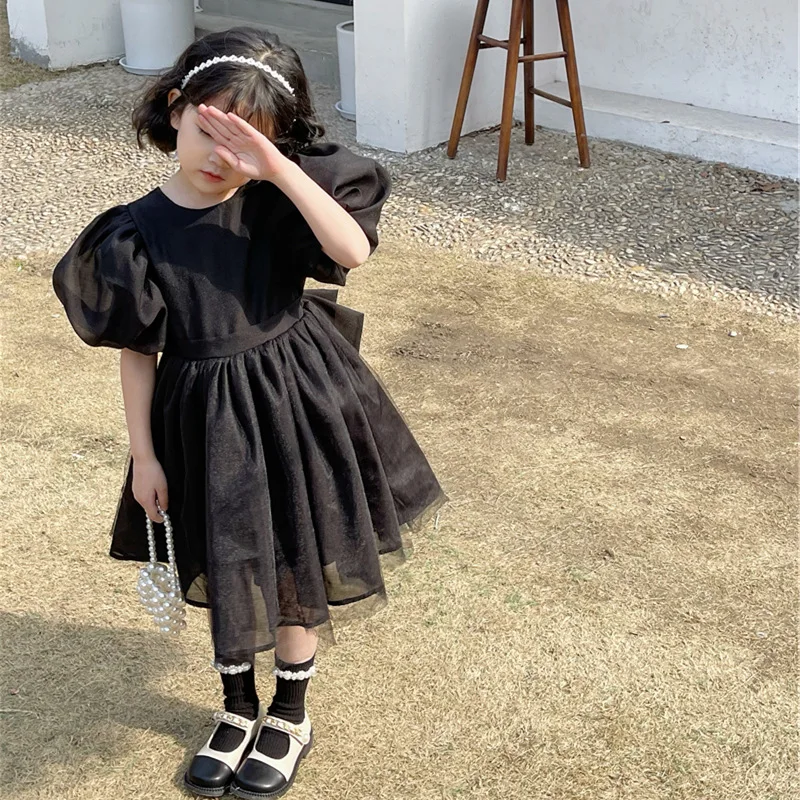 Girls Princess Dress New Korean Version Clothing Summer New Children\'S Temperament Black Dress Backless Puff Sleeves Swing Dress