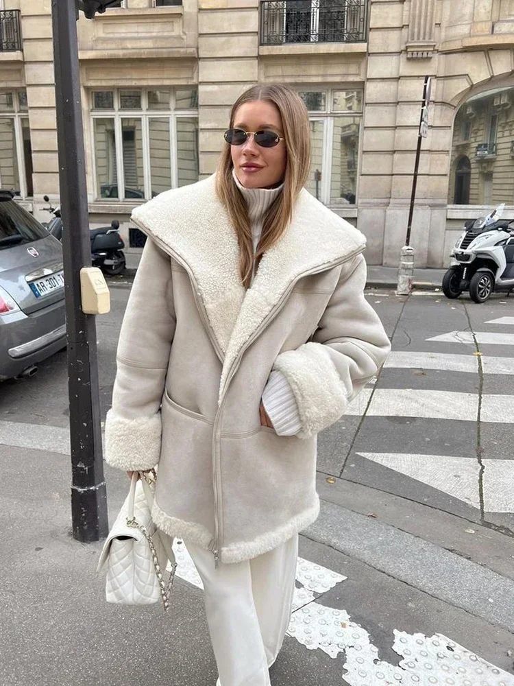 Plush Leather Fur Coat Women Warm 2024 Winter Thick Zipper Loose Jacket Female Long Sleeve Lapel Lady Outwear Autumn