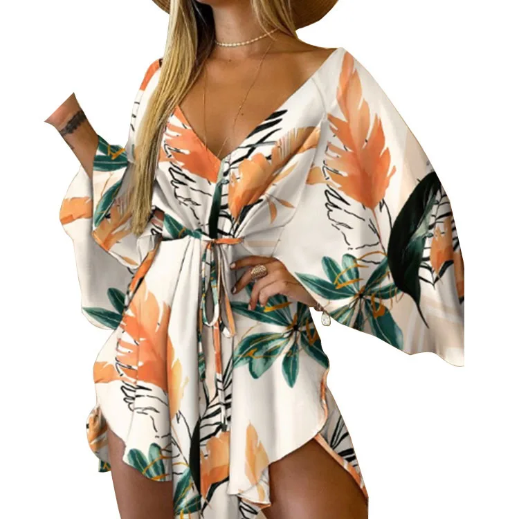 Robe mini pour femmes, col en V, imprimé abstrait, manches chauve-souris, taille nouée, été, plage