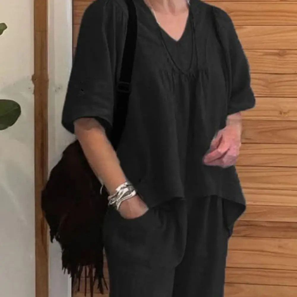 

New Women's Fashion New Cotton and Linen Loose Suit V-neck Short Sleeved Top Elastic Waist Wide Leg Two-piece Set 2025