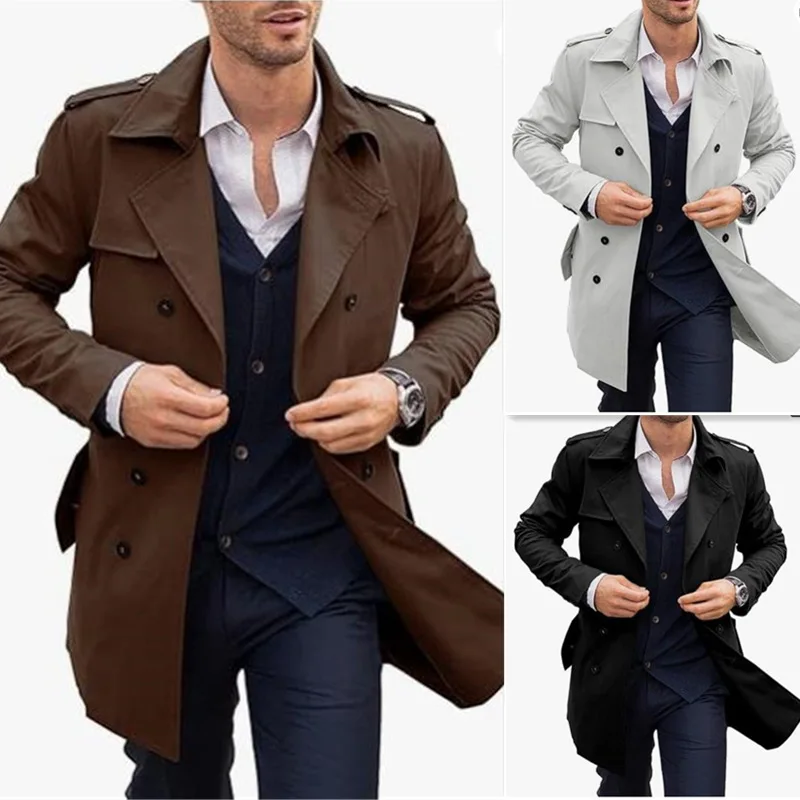 Solid Trench Men Double Breasted Jackets Spliced Coat Long Sleeve Outerwear Loose Cardigan Casual Loose Fit 2025 Pockets