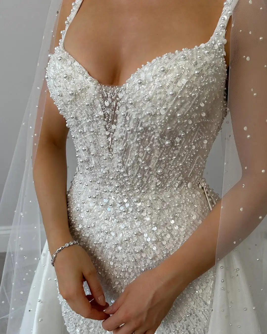 Pearl Sequin Wedding Dress With Detachable Train Straps Mermaid Gown Engagement Ceremonies Formal Occasions Customizable