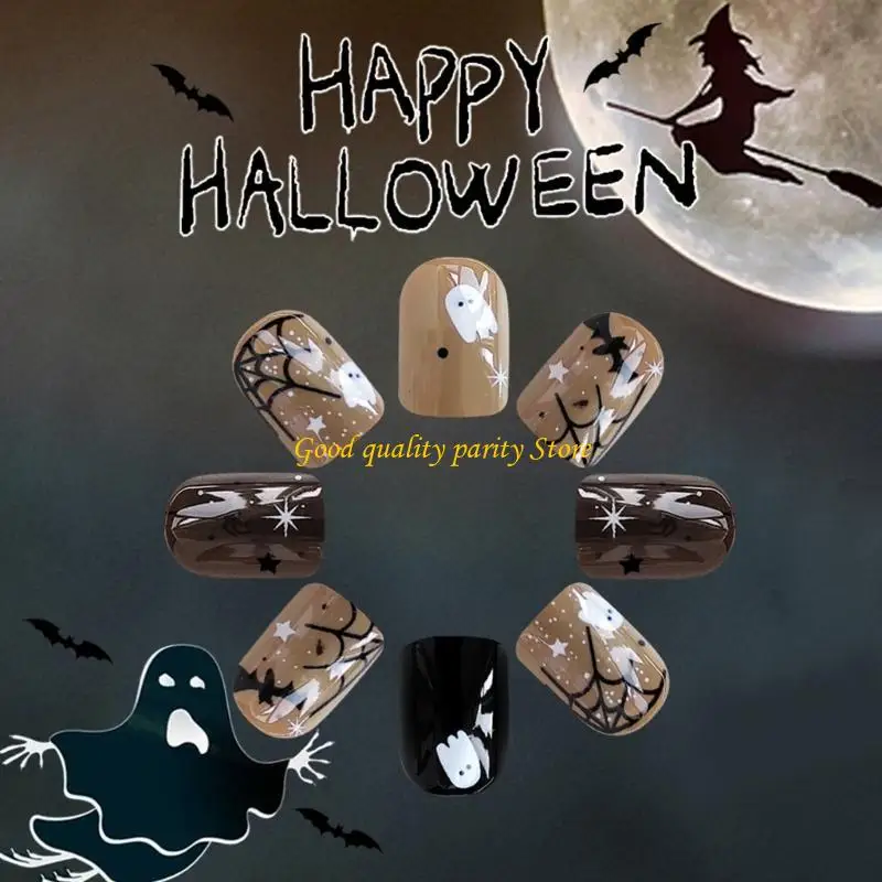 M4YA Halloween Press On Nails 24 unidades unhas falsas brilhantes teia aranha não precisa ferramentas