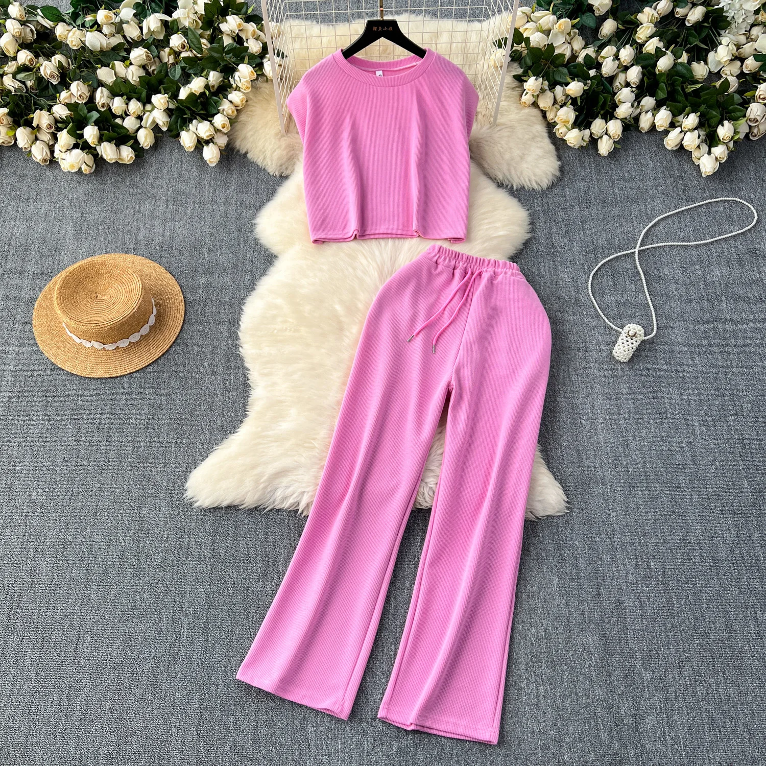 

Women Two Pieces Sets Casual Summer Basic short sleeve Top and Hotsweet High Waist Bandage loose Pant Sets