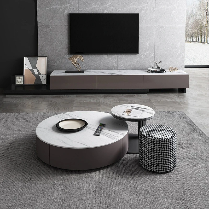

Round Coffee Table Italian Gray Slate TV Cabinet Combination Size Round Storage Small Apartment Coffee