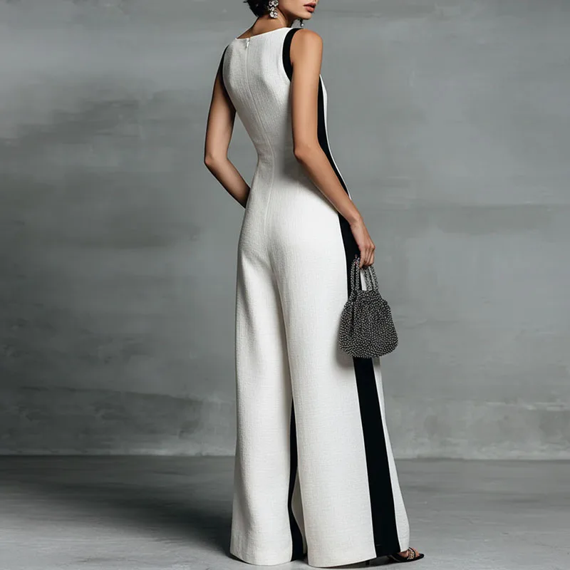 Spring Elegant Color Block Women's Jumpsuit Sexy Deep V Neck Hollow Straps Romper 2026 Summer Sleeveless Wide Leg Pants Overalls