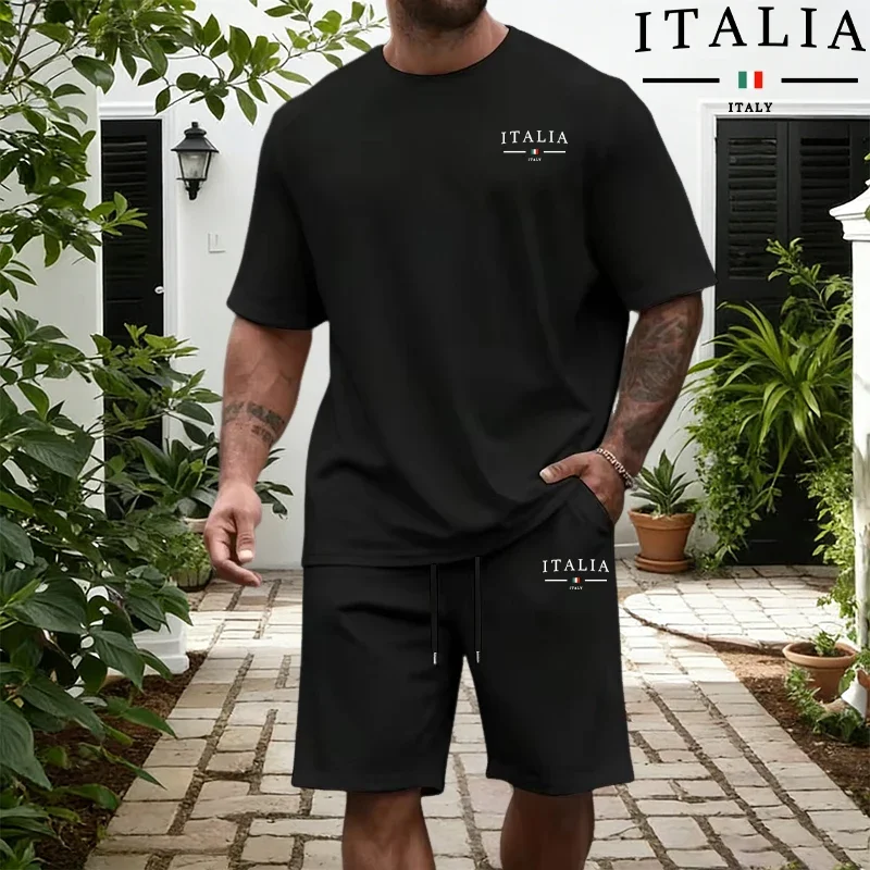 Italy Fashion Men's Set Pure Cotton T-shirts & Knee-length Shorts Summer Daily Casual Sports Shorts Sleeve Tracksuit Tees Outfit