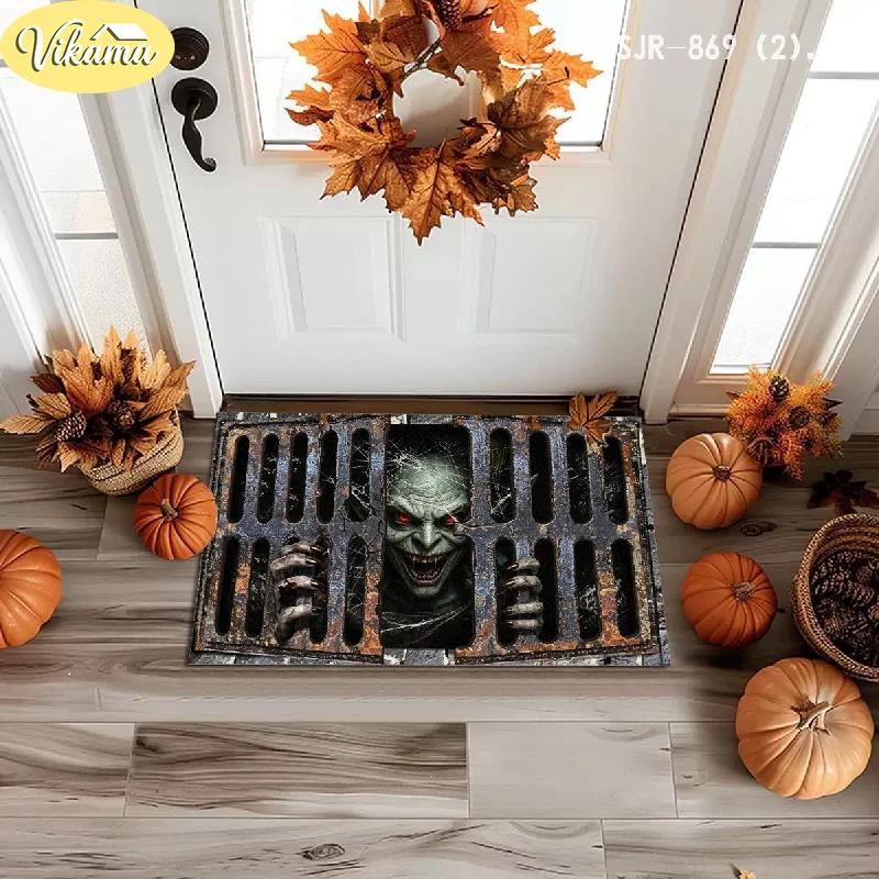VIKAMA Halloween Door Mat 3D Clown Monster Sewer Manhole Print Non Slip Rug For Entrance Horror Party Decor