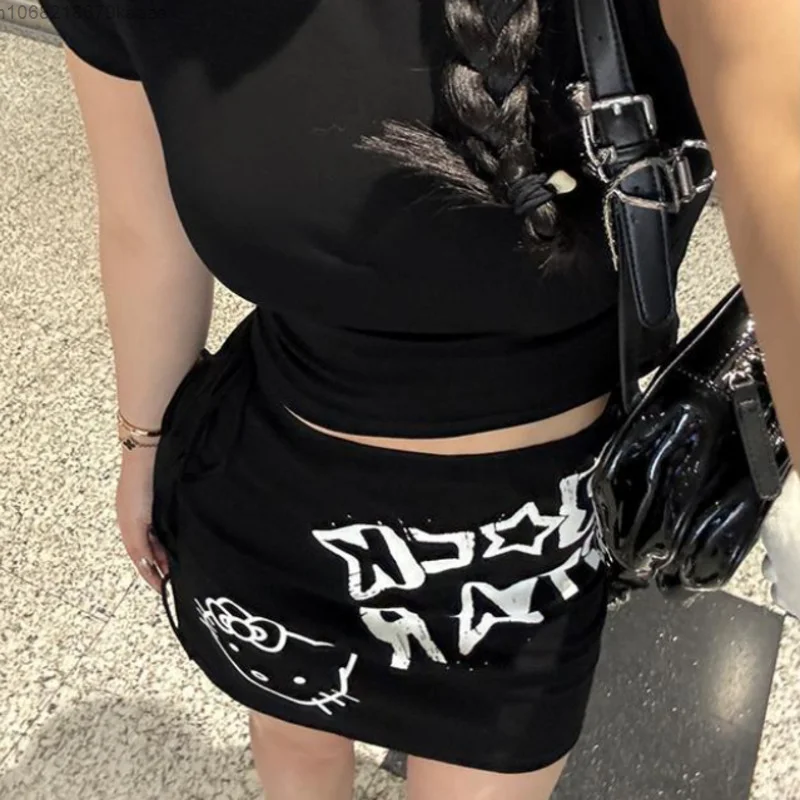 Sanrio Hello Kitty Black Oversized Skirt Women Summer Spicy Girl A-line Slim Short Skirts Y2k Female Korean Style Trendy Skirt