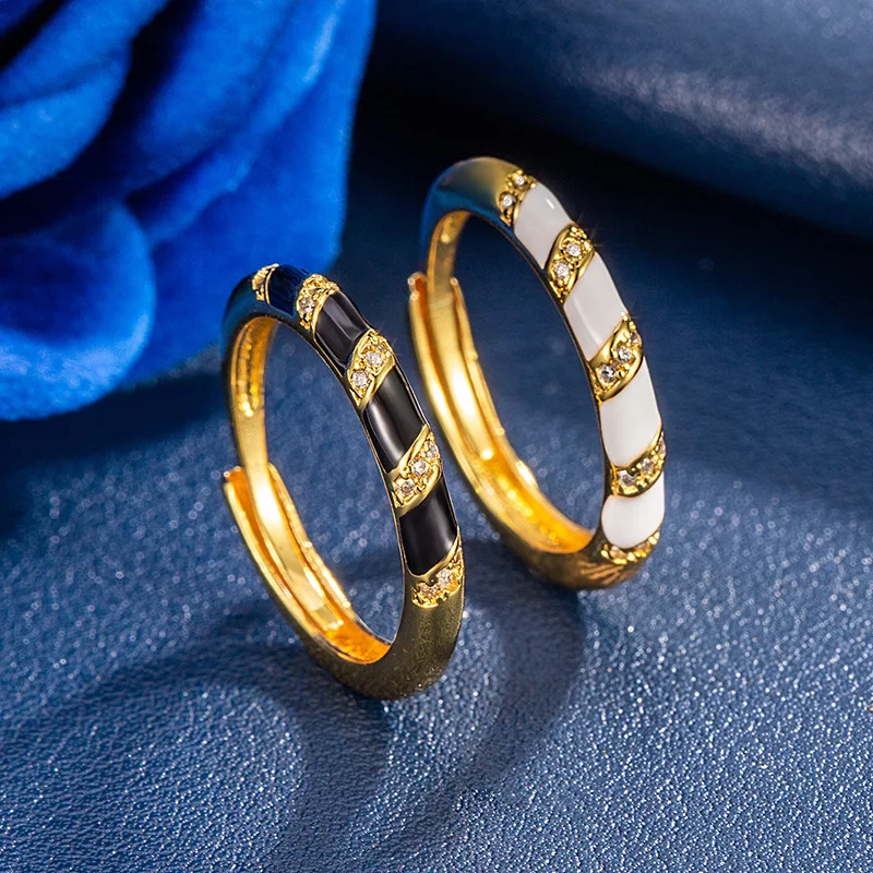Gold-plated Black Enamel Layered Ring - Stripes of Pave-set Zirconia Adjustable Couple Accessory Wedding Jewelry Opening Design