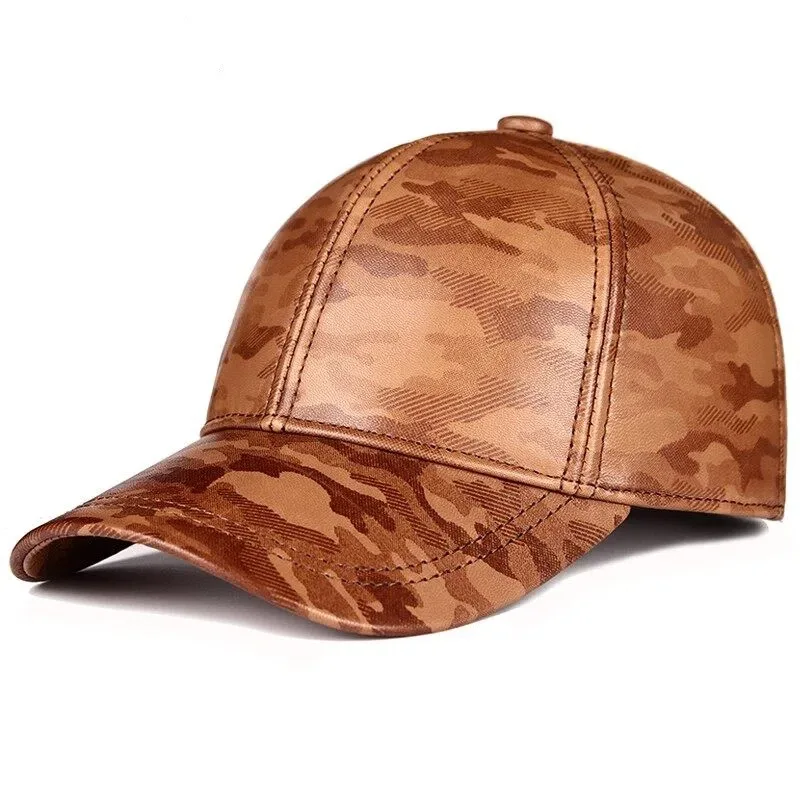 

Autumn Winter Genuine Leather Caps For Men Sheepskin Warm Baseball Cap Personality Printed Camouflage Leather Hat Snapback Cap