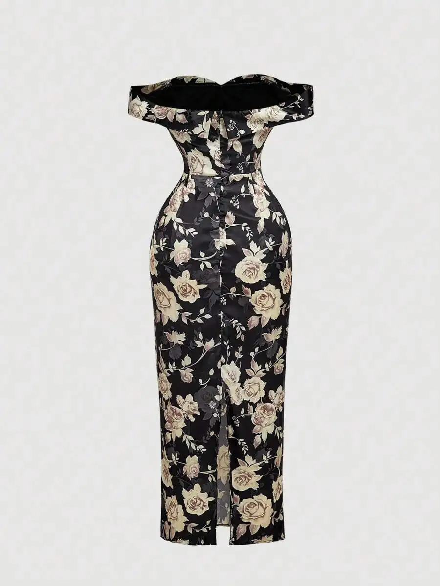 Champagne Sequin Off-Shoulder Ruched Midi Dress - Image 6