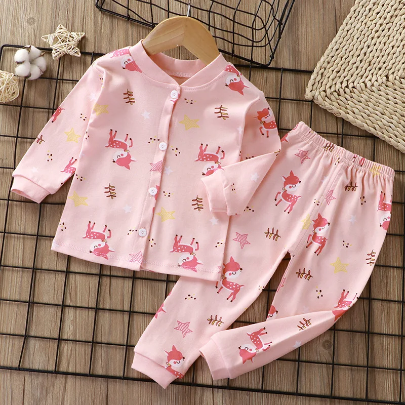 Children's Sleepwear Cotton Long Sleeved Long Pants Warm Suit for Boys Girls Babies Wearing Button Up Home Clothes Two-piece Set