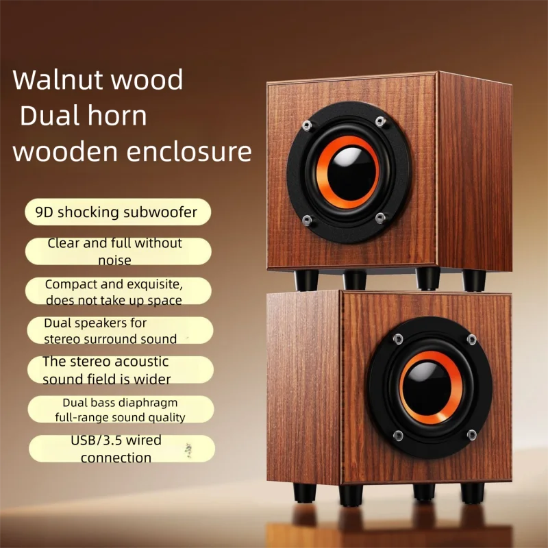 

Wooden Home Multi-media Computer Speakers USB Wired Desktop Notebook Stereo Surround Heavy Bass Compact Size Loudspeaker