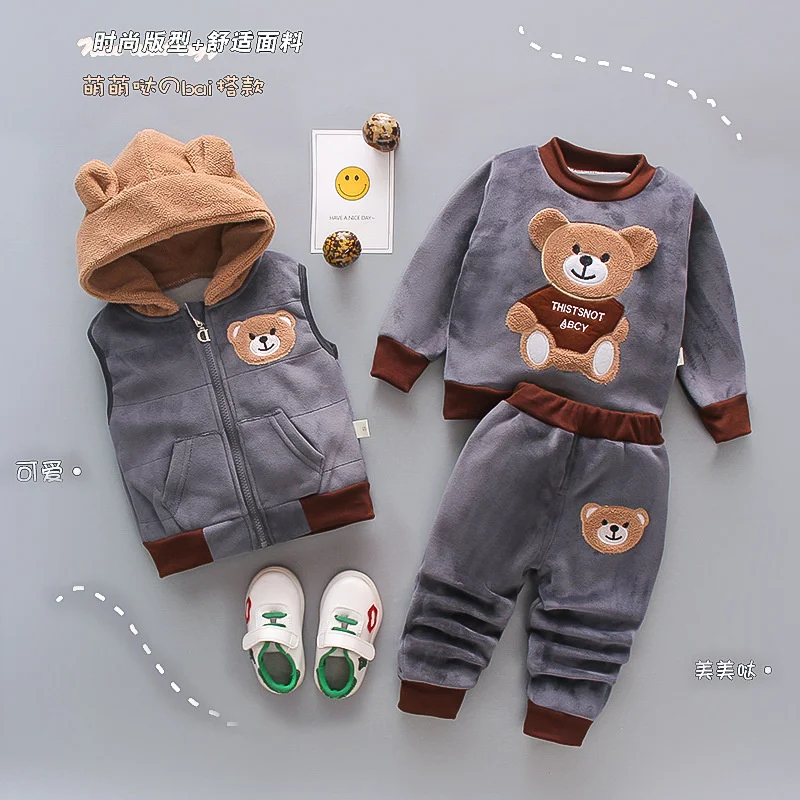 2023 Winter Baby Boys Girls Clothing Sets Autumn Cotton Thick Warm Hooded Sweater Cartoon Cute Bear Three-Piece Kids Suit 0-5Y