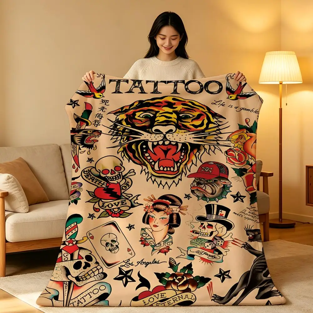 Ed Hardy Inspired Pattern Throw Blanket Decorative Artistic Blanket for Sofa and Air-Conditioned Room Decor