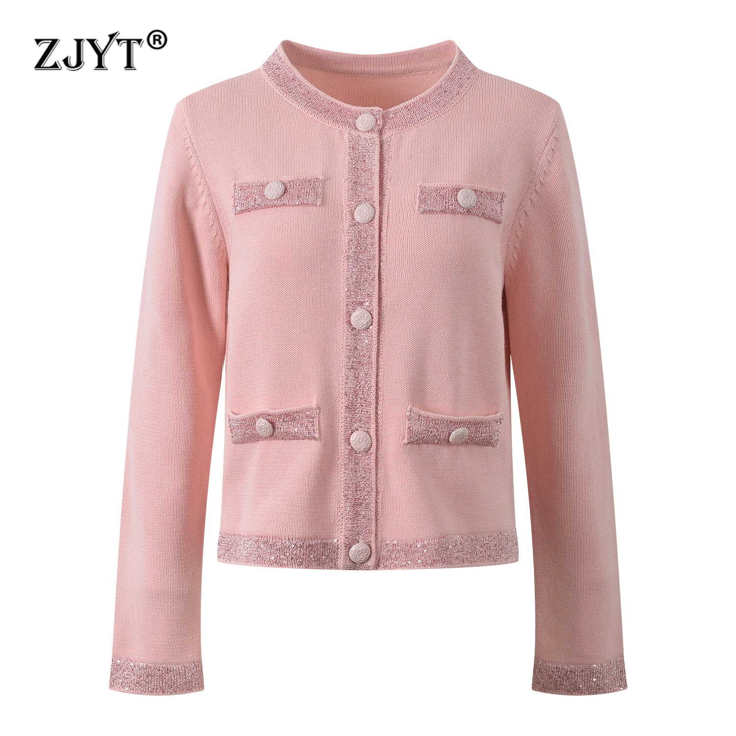 

ZJYT весенне-осенние модные вязаные кардиганы с длинными рукавами, свитера для женщин, однобортные повседневные вязаные топы с блестками и круглым вырезом