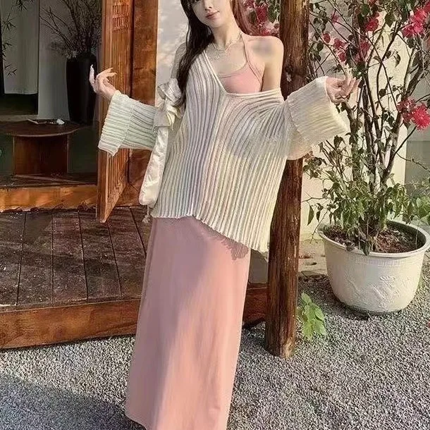 

Women Dress Sets Matching Sets Sexy Sleeveless Camisole Dresses Ankle Length Dress Pullover V Neck Tops Casual Loose Autumn