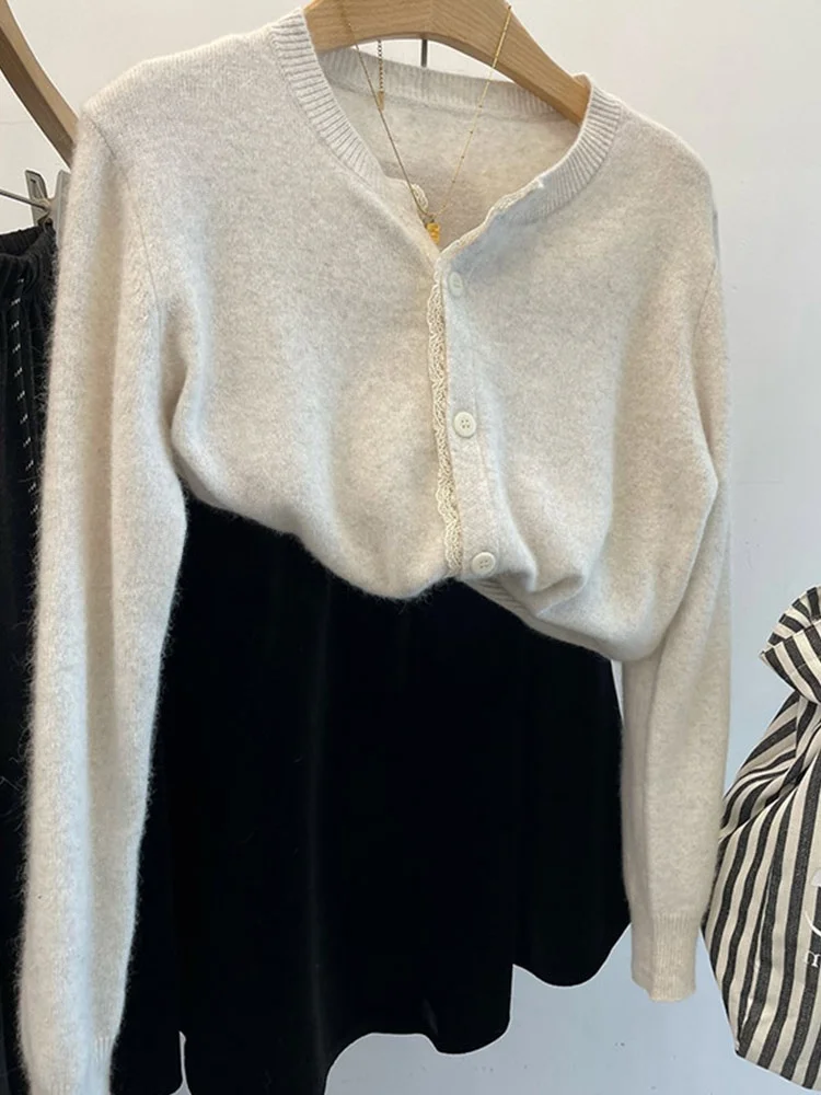 Cárdigan de punto coreano Sle Lace Splice redondo Ne Long Sve para mujer, abrigo, suéter de lana suave y cómodo para ir al trabajo