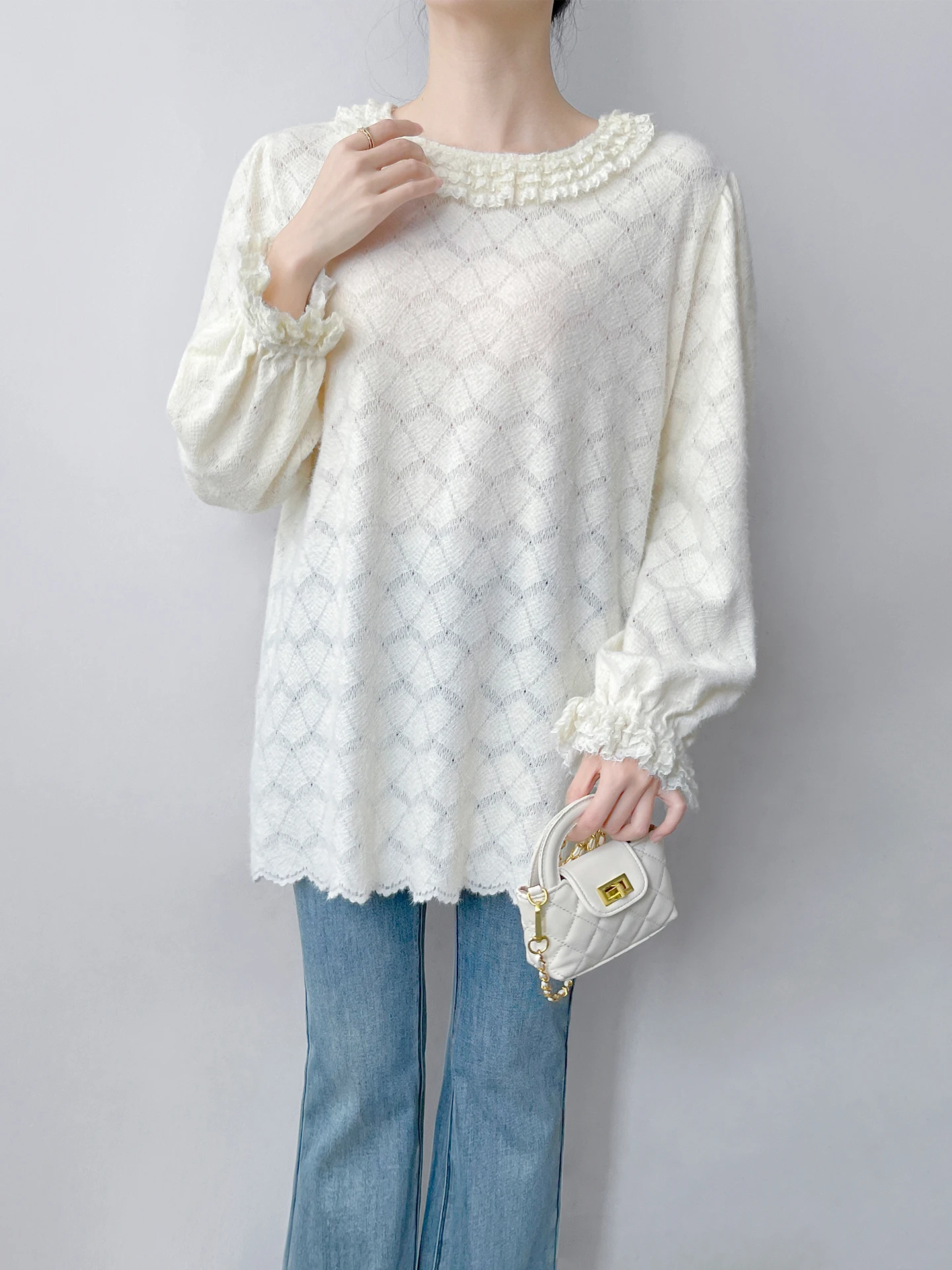 

Ele Long Sve round Ne с кружевной отделкой Base irt Внутренняя одежда Женский топ средней длины Удобный дышащий корейский сле