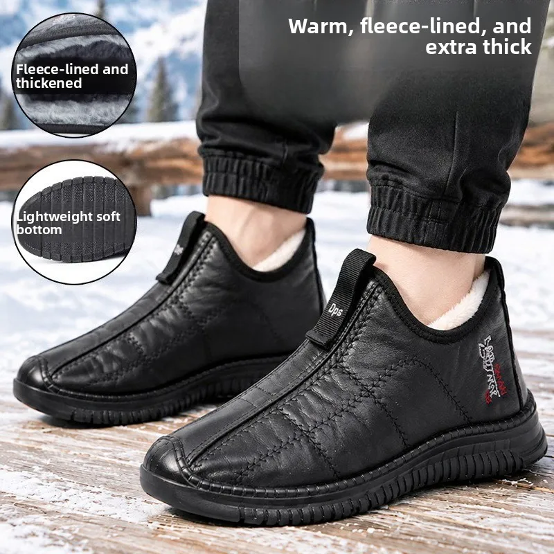 Herren-Winterstiefel zum Hineinschlüpfen, Schneestiefel mit Lederoberteil, dickem Fleecefutter, rutschfester Sohle, warme Knöchelstiefel, ideal für ältere Herren, zum Spazierengehen im Freien. – Detail 4
