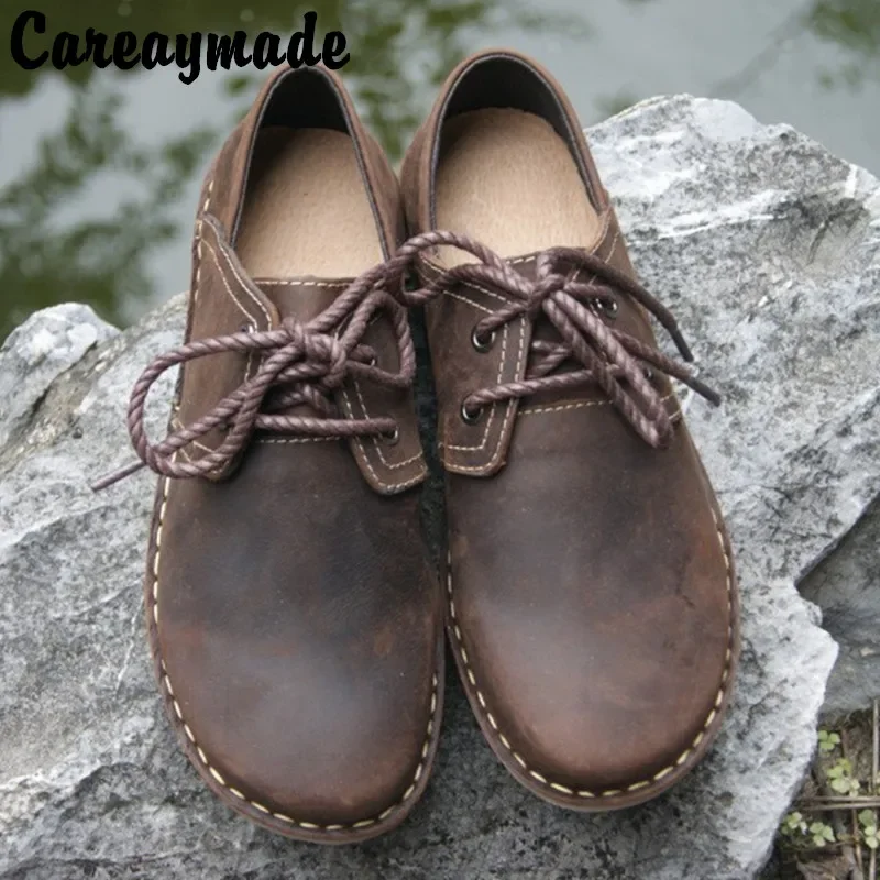 Careaymade-Wind horsehide leather buckle mori girl casual shoes wider toe do old handmade Barefoot shoes Soft Sole Casual shoes